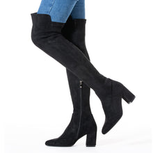 Load image into Gallery viewer, Black 3 Inch Heel Thigh High Suede Over The Knee Stretch Boot