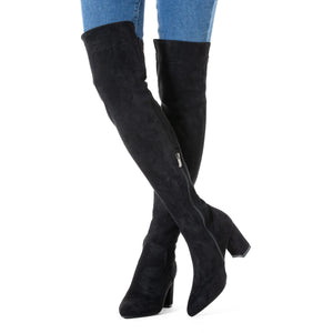 Black 3 Inch Heel Thigh High Suede Over The Knee Stretch Boot