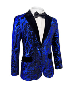 Blue Men's Sequin Floral Glitter Long Sleeve Blazer