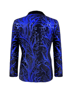 Blue Men's Sequin Floral Glitter Long Sleeve Blazer