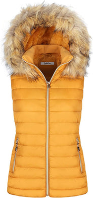 Warm Stylish Faux Fur Yellow Puffer Zippered Sleeveless Vest