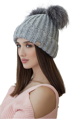 Light Grey Cable Knit Winter Warm Women's Fur Pom Pom Hat