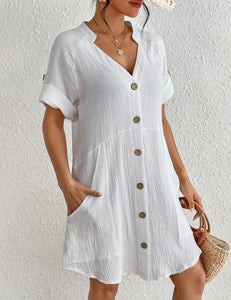 White Lightweight Pocketed Short Sleeve Beach Dress