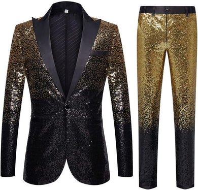 Men's Gold Black Tuxedo Two Tone Sequin Blazer & Pants Suit