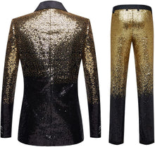 Load image into Gallery viewer, Men&#39;s Gold Black Tuxedo Two Tone Sequin Blazer &amp; Pants Suit