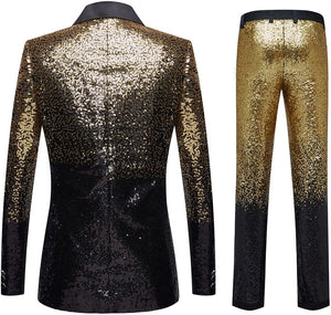 Men's Gold Black Tuxedo Two Tone Sequin Blazer & Pants Suit