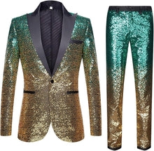Load image into Gallery viewer, Men&#39;s Green Gold Tuxedo Two Tone Sequin Blazer &amp; Pants Suit