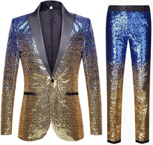 Load image into Gallery viewer, Men&#39;s Blue Gold Tuxedo Two Tone Sequin Blazer &amp; Pants Suit