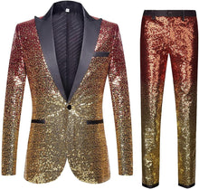 Load image into Gallery viewer, Men&#39;s Gold Black Tuxedo Two Tone Sequin Blazer &amp; Pants Suit