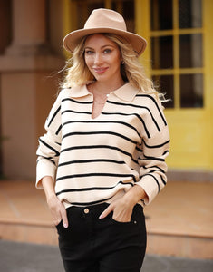 Polo Style V Neck White/Blue Striped Long Sleeve Sweater