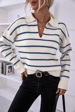 Load image into Gallery viewer, Polo Style V Neck White/Blue Striped Long Sleeve Sweater