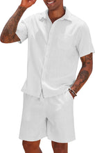 Load image into Gallery viewer, Men&#39;s White Linen Drawstring Casual Short Sleeve Shorts Set