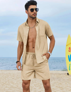 Men's Khaki Linen Drawstring Casual Short Sleeve Shorts Set
