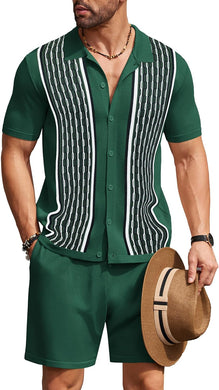 Men's Vintage Inspired Green Knit Short Shirt & Shorts Set