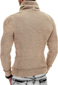 Men's Dark Grey Knit Shawl Neck Zipper Style Long Sleeve Sweater