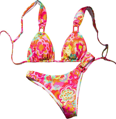 Retro Floral Print Pink 2pc Bikini Swimwear Set