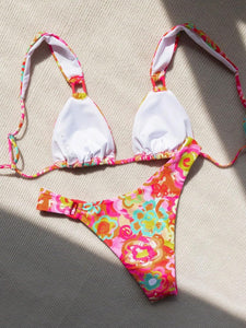 Retro Floral Print Pink 2pc Bikini Swimwear Set