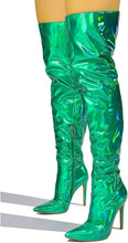 Load image into Gallery viewer, Metallic Fashion Style Green Holographic Stiletto Over The Knee Boots