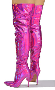 Metallic Fashion Style Green Holographic Stiletto Over The Knee Boots