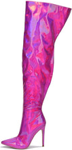 Load image into Gallery viewer, Metallic Fashion Style Green Holographic Stiletto Over The Knee Boots