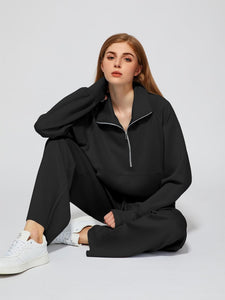 Comfy Knit Grey Half Zip Long Sleeve Sweatsuit Pull Over & Pants Set