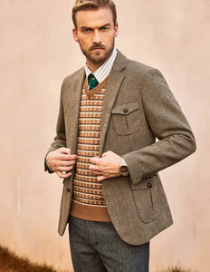 Men's British Pocket Brown Tweed Wool Long Sleeve Blazer