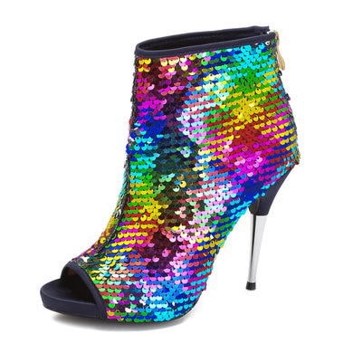 Multicolour Sequined Stiletto Glitter Open Toe Ankle Booties