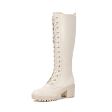 Load image into Gallery viewer, Stylish Creamy Beige Chunky Lace Up Knee High Boots