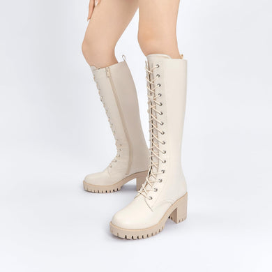 Stylish Creamy Beige Chunky Lace Up Knee High Boots