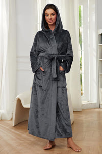 Dark Grey Warm Hooded Fleece Long Sleeve Robe