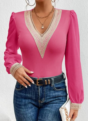 Lace Trim Pink V Neck Puff Long Sleeve Bodysuit