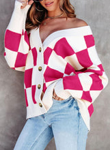 Load image into Gallery viewer, Checkered Knit White/Beige Button Down Long Sleeve Cardigan Sweater