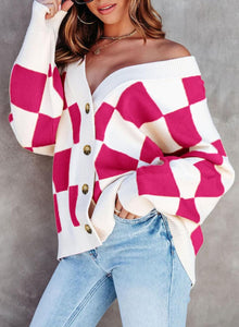 Checkered Knit White/Pink Button Down Long Sleeve Cardigan Sweater