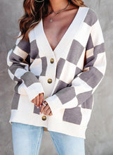 Load image into Gallery viewer, Checkered Knit White/Pink Button Down Long Sleeve Cardigan Sweater