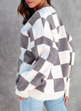 Load image into Gallery viewer, Checkered Knit White/Grey Button Down Long Sleeve Cardigan Sweater