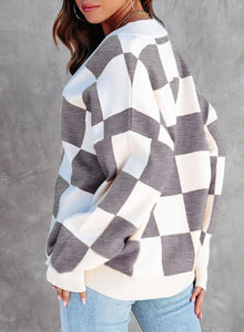 Checkered Knit White/Grey Button Down Long Sleeve Cardigan Sweater