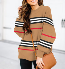 Load image into Gallery viewer, Stylish Plaid Striped Beige Long Sleeve Loose Fit Sweater