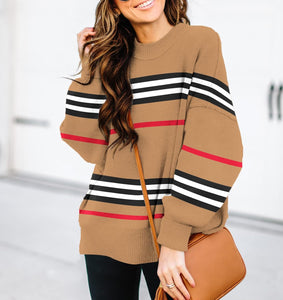 Stylish Plaid Striped Beige Long Sleeve Loose Fit Sweater