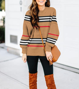 Stylish Plaid Striped Brown Long Sleeve Loose Fit Sweater
