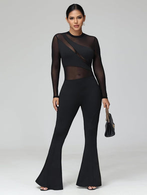 Fashionable Black Mesh Long Sleeve Flared Jumpsuit