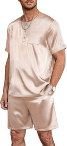 Men's Satin Solid Silver Print Pajama Short Sleeve Top & Pants Set