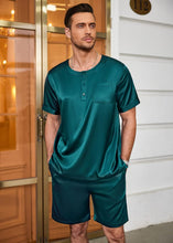 Load image into Gallery viewer, Men&#39;s Satin Solid Silver Print Pajama Short Sleeve Top &amp; Pants Set