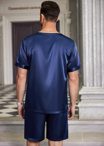 Men's Satin Solid Blue Pajama Short Sleeve Top & Pants Set