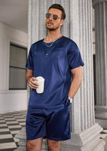 Load image into Gallery viewer, Men&#39;s Satin Solid Blue Pajama Short Sleeve Top &amp; Pants Set