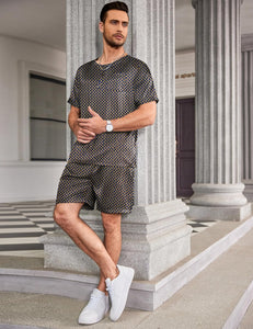 Men's Satin Solid Black Pajama Short Sleeve Top & Pants Set