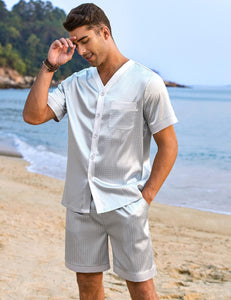 Men's Satin Blue Pajama Short Sleeve Top & Pants Set