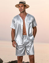 Load image into Gallery viewer, Men&#39;s Satin Blue Pajama Short Sleeve Top &amp; Pants Set