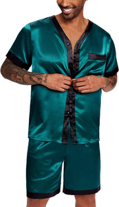 Men's Satin Blue Pajama Short Sleeve Top & Pants Set