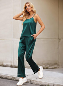 Soft Silk Lounge Style Floral Green Camisole & Pants Pajamas Set