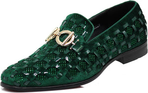 Men's Luxury Glitter Emerald Green Checkered Pattern Loafer Style Dress Shoes